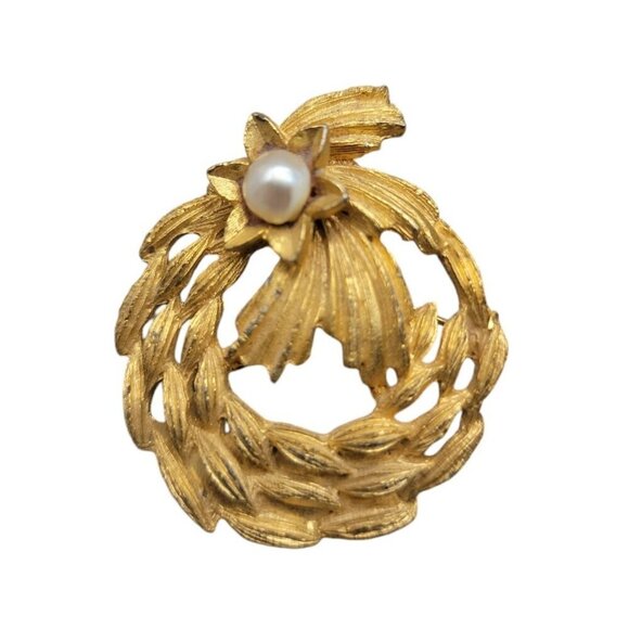 Flowing Wreath Brooch Textured Gold Tone Faux Pearl Unsigned Vintage - Picture 5 of 10
